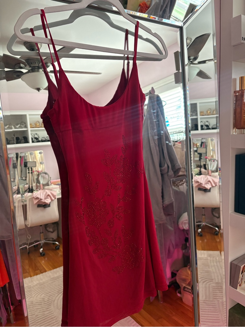Red Slip Chemise with Rhinestone Detail - Women dresses